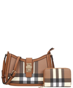 2in1 Fashion Plaid Design Curved Crossbody Bag with Wallet Set LM-2117-A BROWN